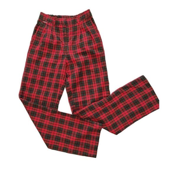 Vintage 80s Red Black Green Plaid Pleated High Waist Trouser Pants M Punk Funky - Picture 1 of 4